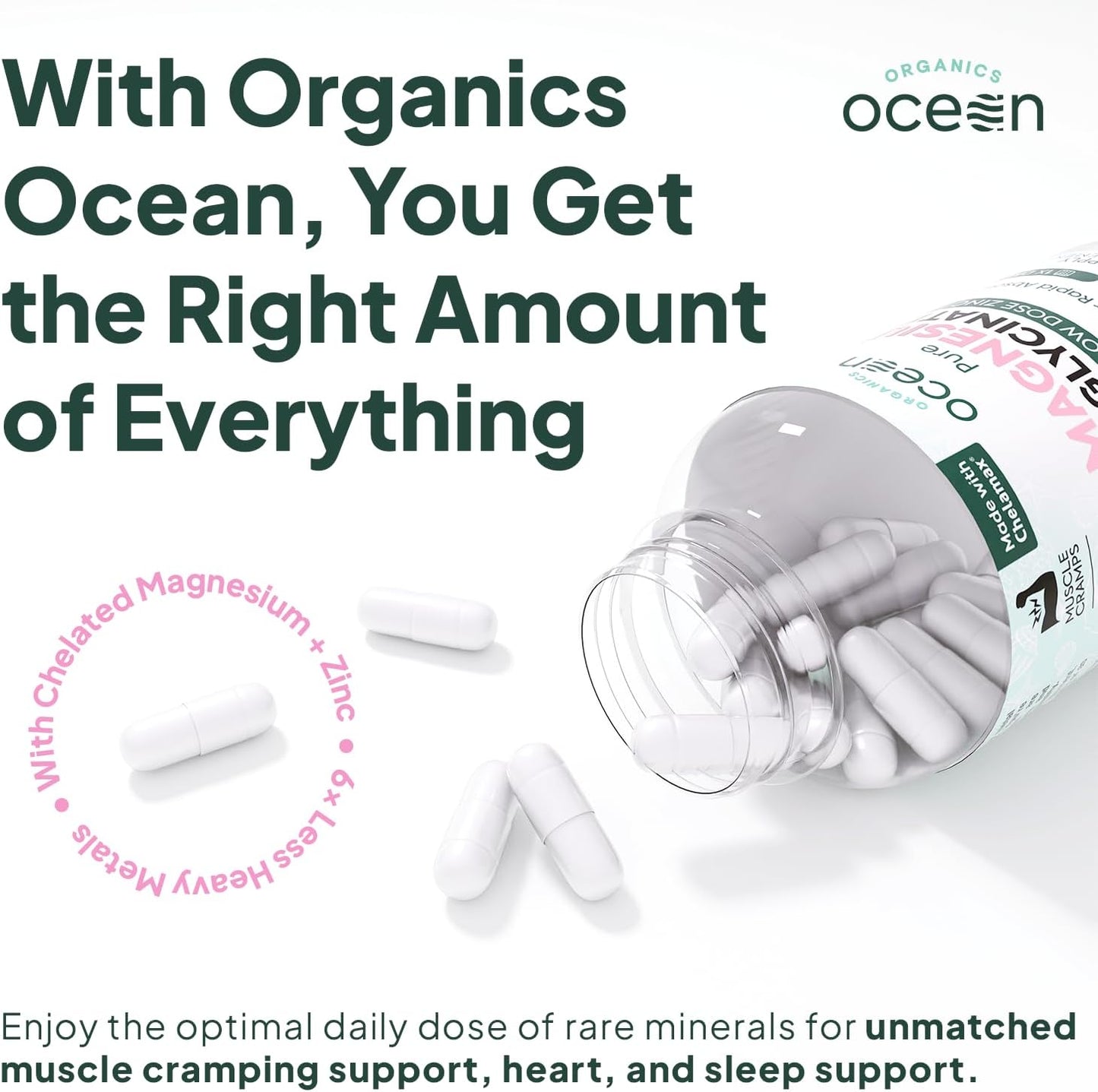 Organics Ocean Pure Magnesium Glycinate with Zinc, Maximum Strength Chelated Magnesium Supplement for Women and Men for Muscle Cramps and Sleep Support, 90 Capsules，（Minimum order of two items）