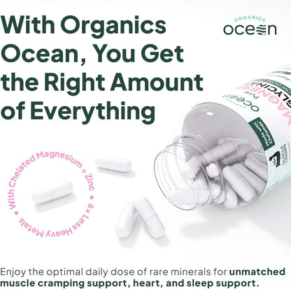 Organics Ocean Pure Magnesium Glycinate with Zinc, Maximum Strength Chelated Magnesium Supplement for Women and Men for Muscle Cramps and Sleep Support, 90 Capsules，（Minimum order of two items）