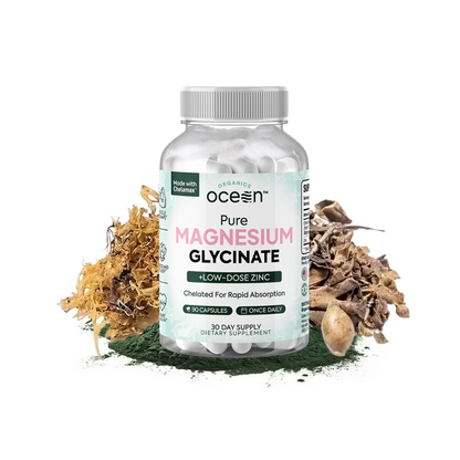 Organics Ocean Pure Magnesium Glycinate with Zinc, Maximum Strength Chelated Magnesium Supplement for Women and Men for Muscle Cramps and Sleep Support, 90 Capsules，（Minimum order of two items）