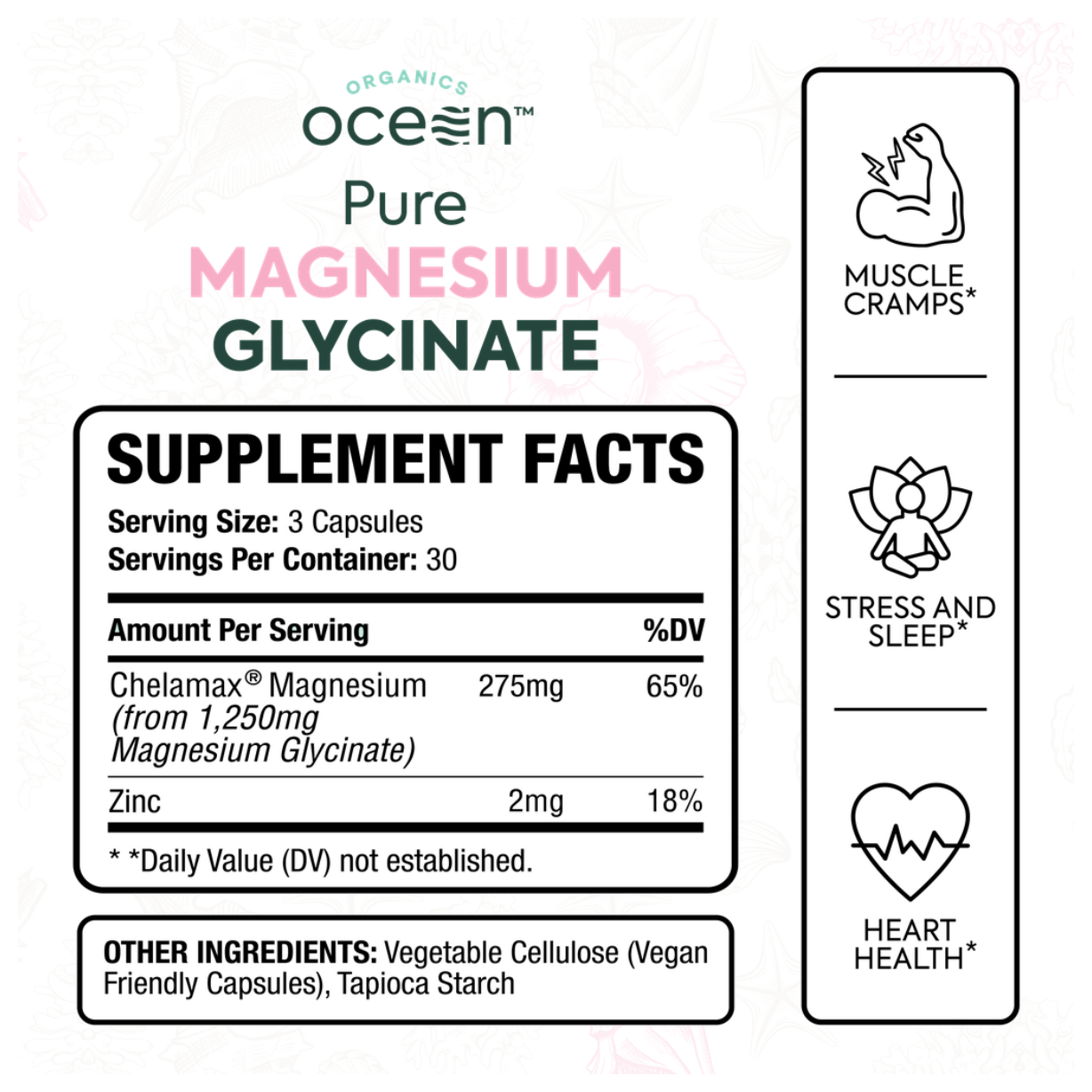 Organics Ocean Pure Magnesium Glycinate with Zinc, Maximum Strength Chelated Magnesium Supplement for Women and Men for Muscle Cramps and Sleep Support, 90 Capsules，（Minimum order of two items）