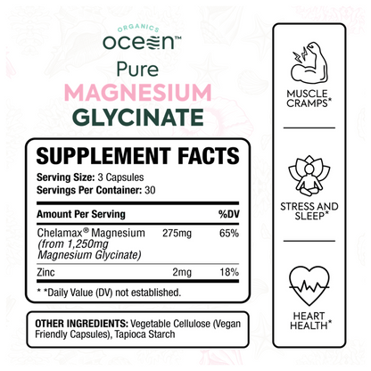 Organics Ocean Pure Magnesium Glycinate with Zinc, Maximum Strength Chelated Magnesium Supplement for Women and Men for Muscle Cramps and Sleep Support, 90 Capsules，（Minimum order of two items）